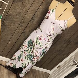 Jennifer Lopez Asymmetrical Floral Dress - Lavander and Green Tropical Leaves